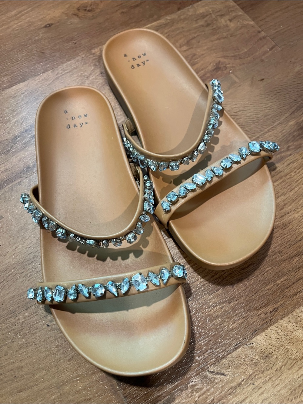 a new day Tan Slide Sandals with Clear Crystal Straps
